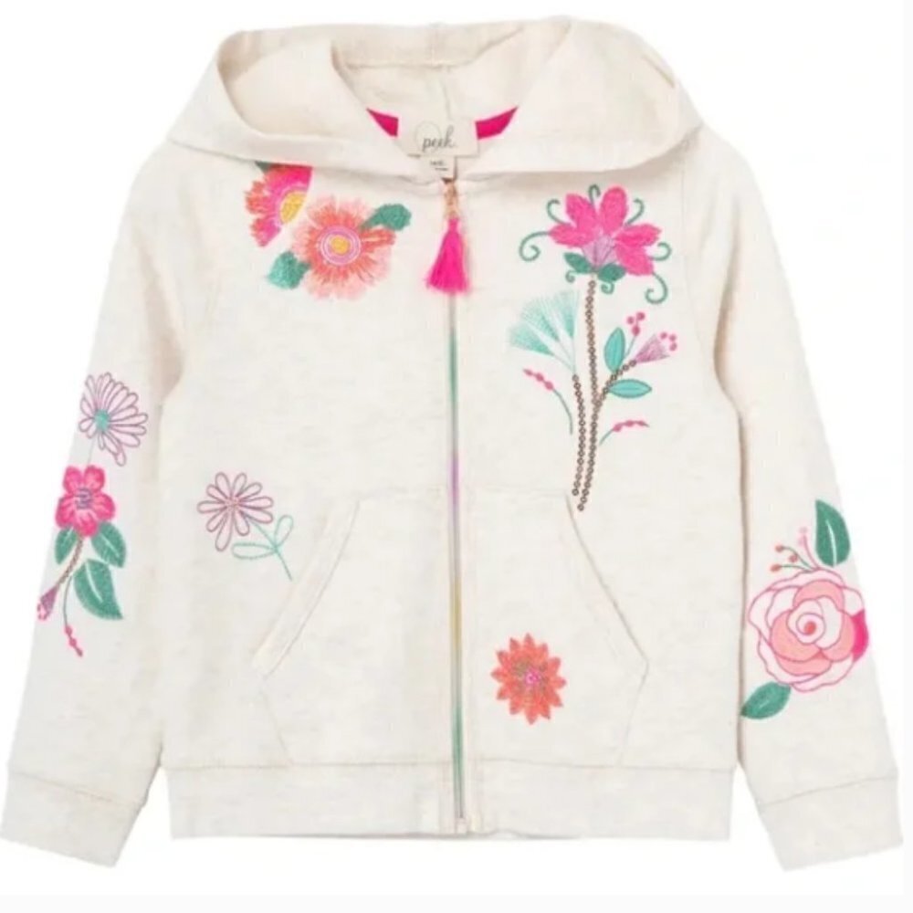 Peek Oatmeal Floral Embroidered Zip Front Hoodie 6/7